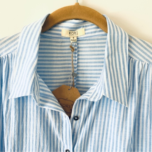 NWT Pin Striped Button Front Shirt Size Small Open Tie Sleeve Collared Pocket - Picture 8 of 16